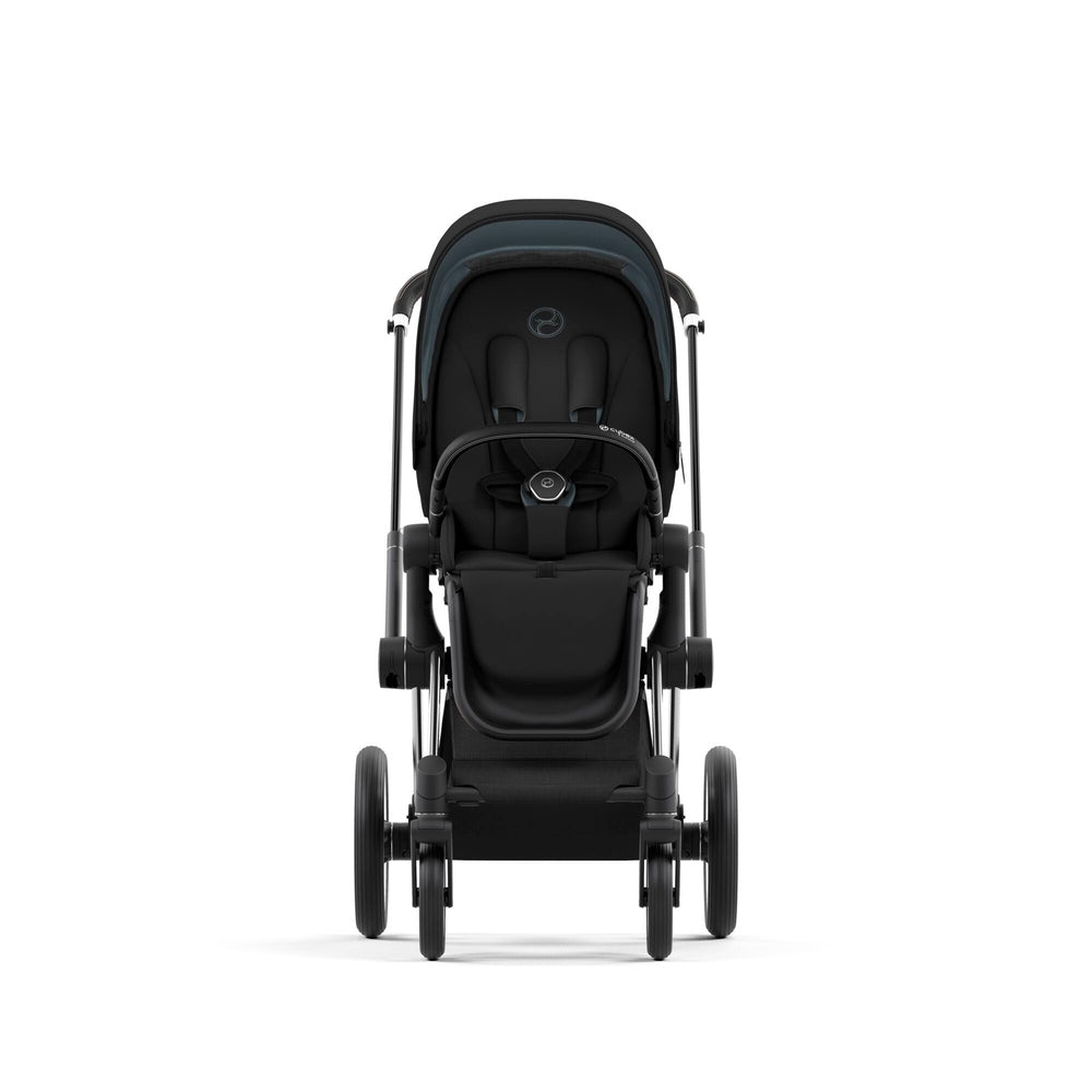 Studio product image of the Cybex Platinum Priam 4 Luxury Stroller One Box Pack in Sepia Black with Chrome Black frame, front view on white background.