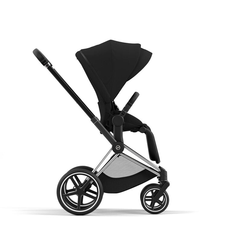 Studio product image of the Cybex Platinum Priam 4 Luxury Stroller One Box Pack in Sepia Black with Chrome Black frame, side profile on white background.