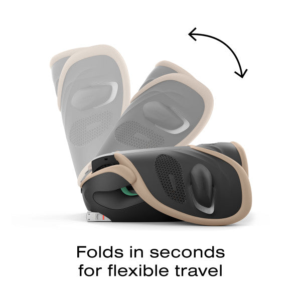 Studio product image of the Cybex Solution G2 Booster Seat in dark gray with beige trim, shown folding for travel.