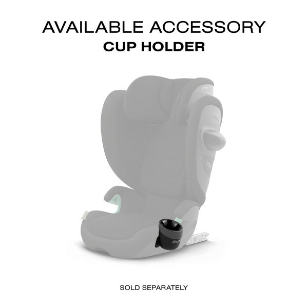 Studio product image of the Cybex Solution G2 Booster Seat in gray with black cup holder attached.