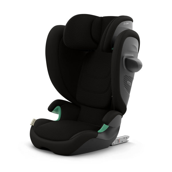 Studio product image of the Cybex Solution G2 Booster Seat with for toddlers, black upholstery with gray shell and teal accents.