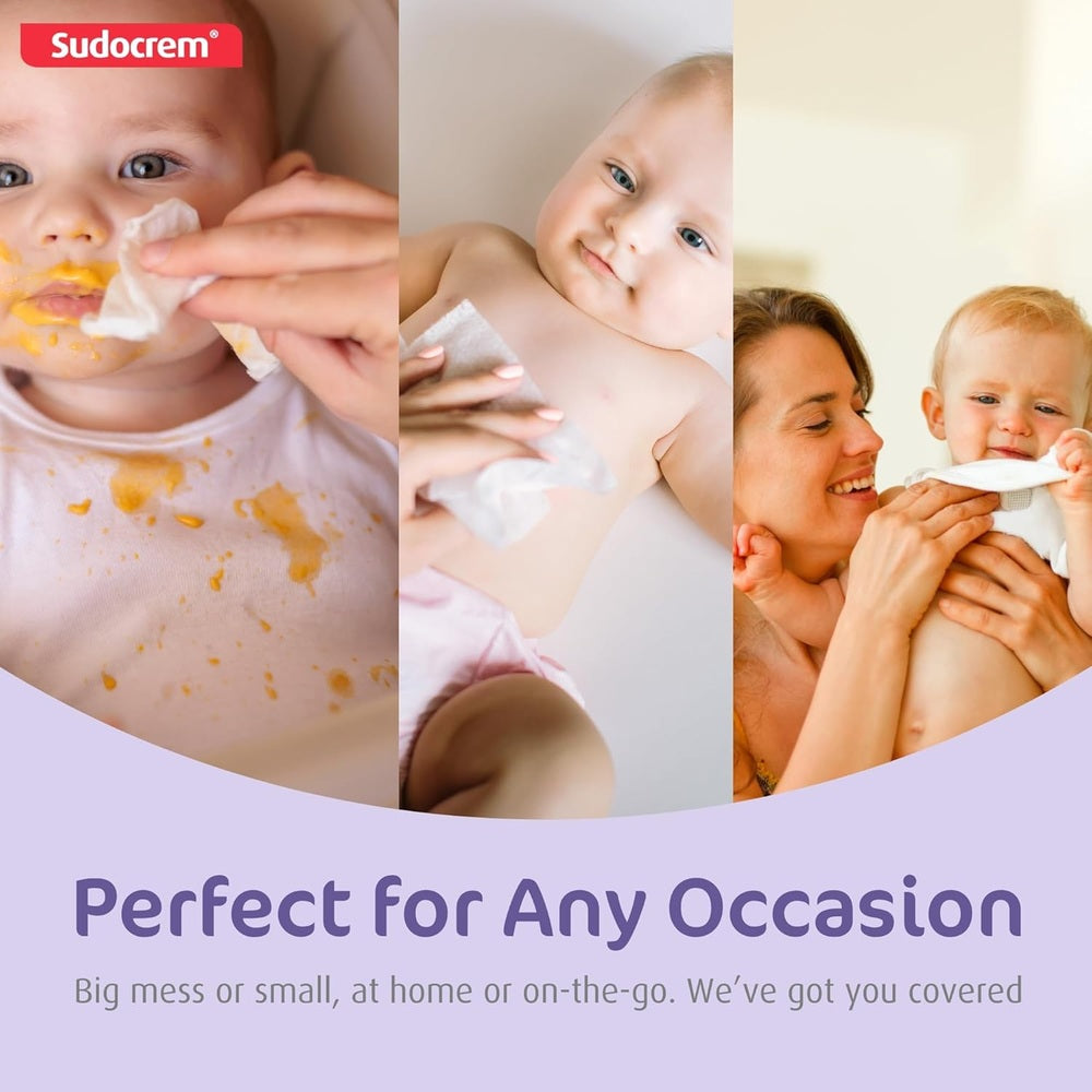 Sudocrem Pure Water Baby Wipes in three-panel collage with babies and a smiling mom on a lavender banner