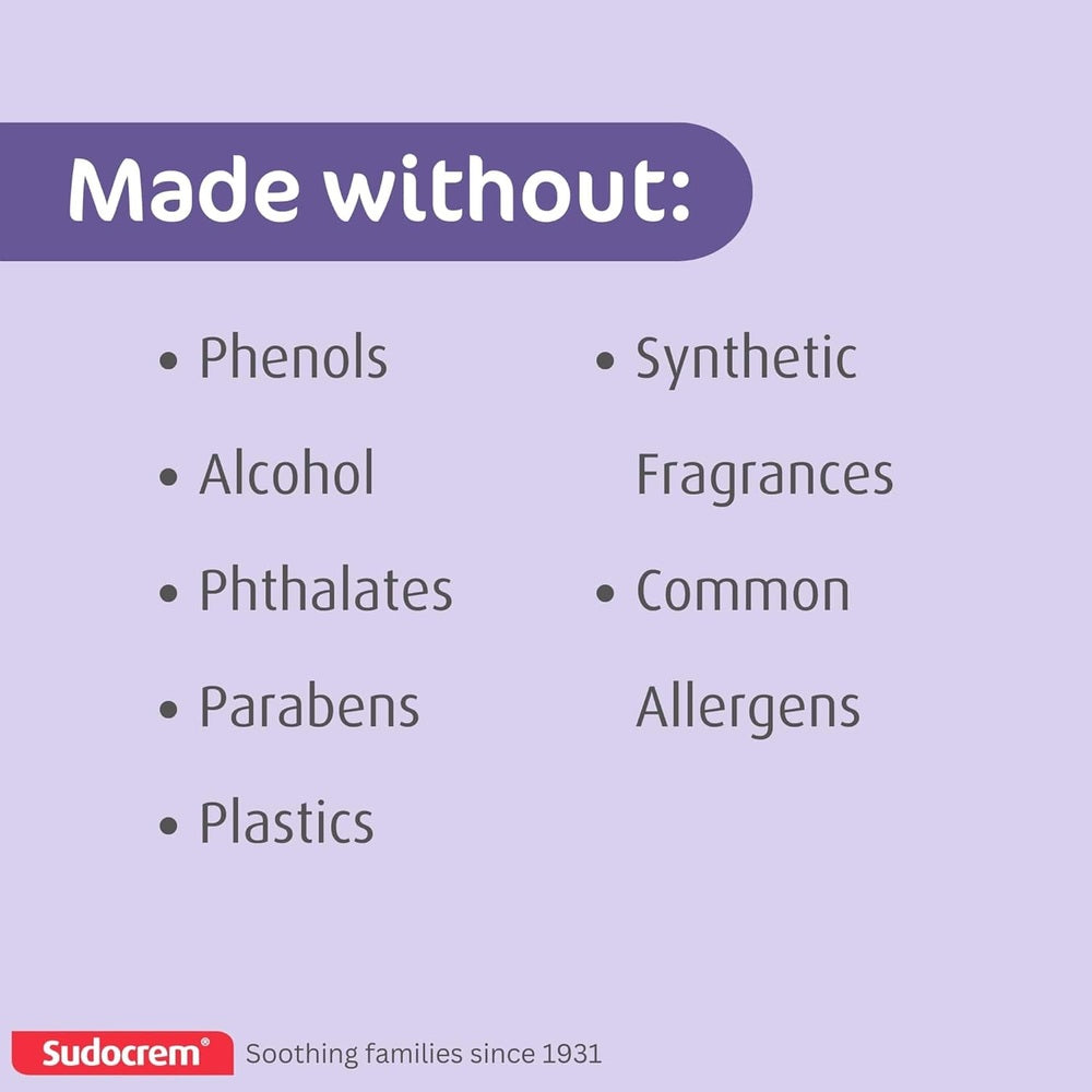Sudocrem Pure Water Baby Wipes in Lavender background with Made without list and Sudocrem logo.