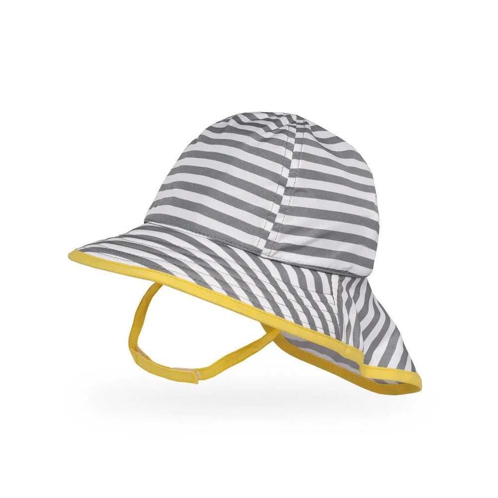 Sunday Afternoons Infant Sunsprout Hat in gray/white stripes with yellow trim and chin strap secured under the chin.