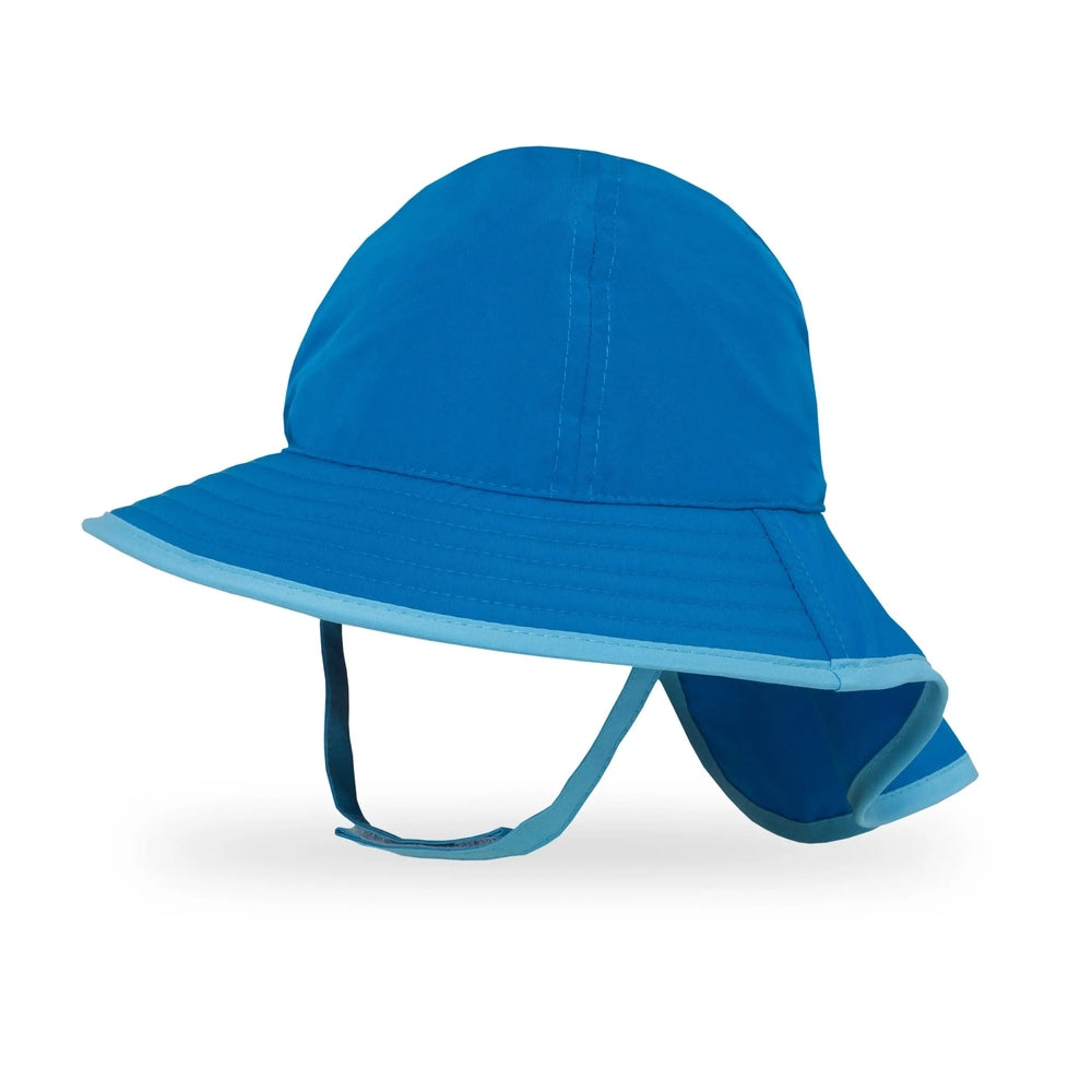 Sunday Afternoons Infant Sunsprout Hat in bright blue with chin strap secured under the chin.