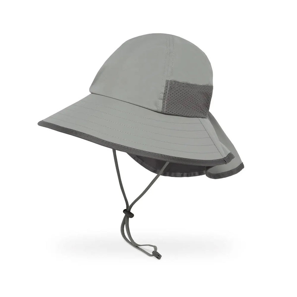 Sunday Afternoons Kids' Play Hat in gray with a wide brim, adjustable chin cord, and breathable mesh panel.