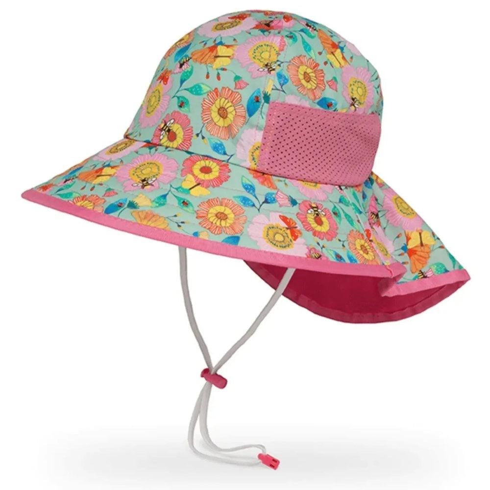 Sunday Afternoons Kids' Play Hat in pastel floral print with pink mesh panel and adjustable chin strap.