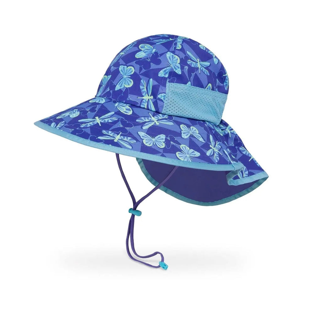 Sunday Afternoons Kids' Play Hat in blue butterfly print with a wide brim and adjustable chin strap fastened under the chin