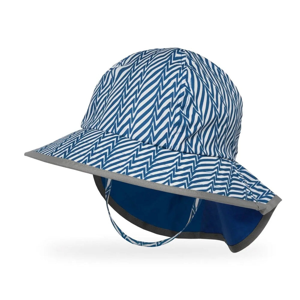 Sunday Afternoons Kids' Play Hat in blue-and-white chevron with a wide brim and loose chin strap