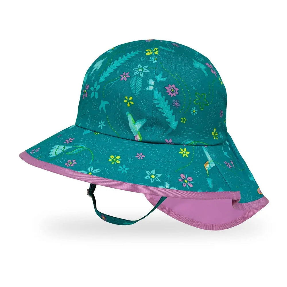 Sunday Afternoons Kids' Play Hat teal with pink brim and floral pattern, adjustable chin strap visible under chin.