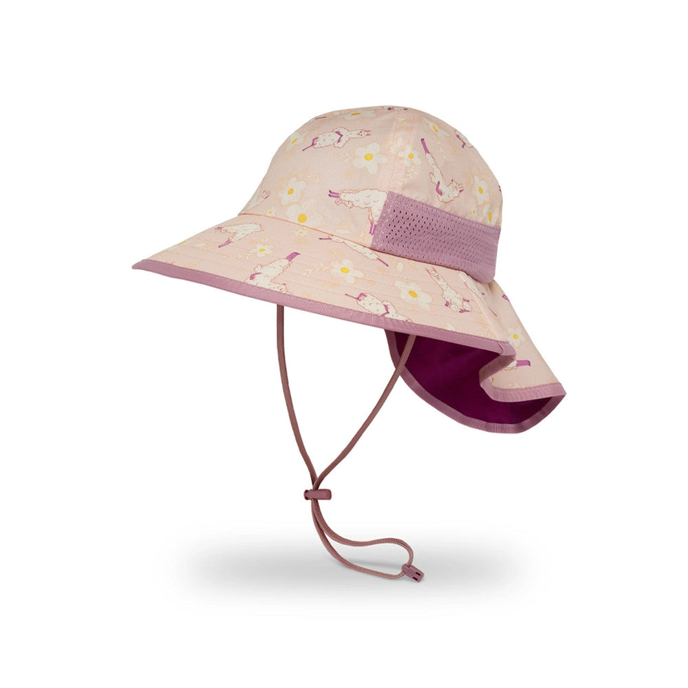 Sunday Afternoons kids sun hat Llama Flow in pink floral llama print with wide brim and chin strap