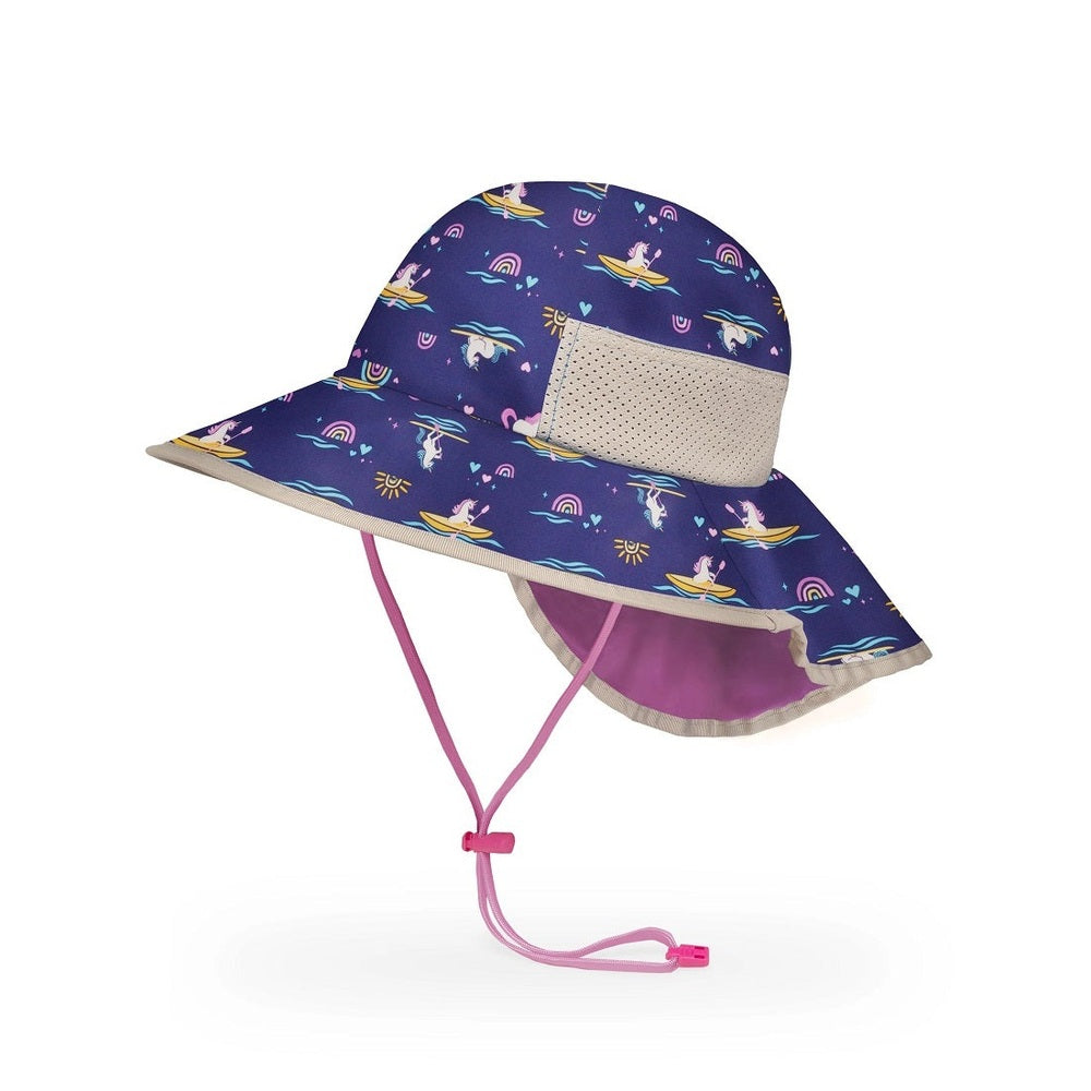 Sunday Afternoons Kids' Play Hat Rainbow Ride blue sun hat with beige perforated band and pink adjustable chin cord dangling.