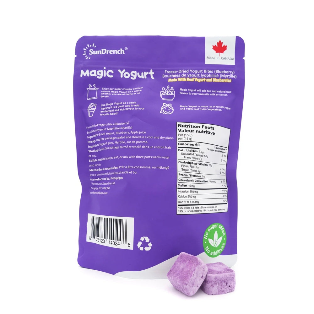 Sundrench Magic Yogurt Blueberry 84g package with two purple freeze-dried yogurt bites