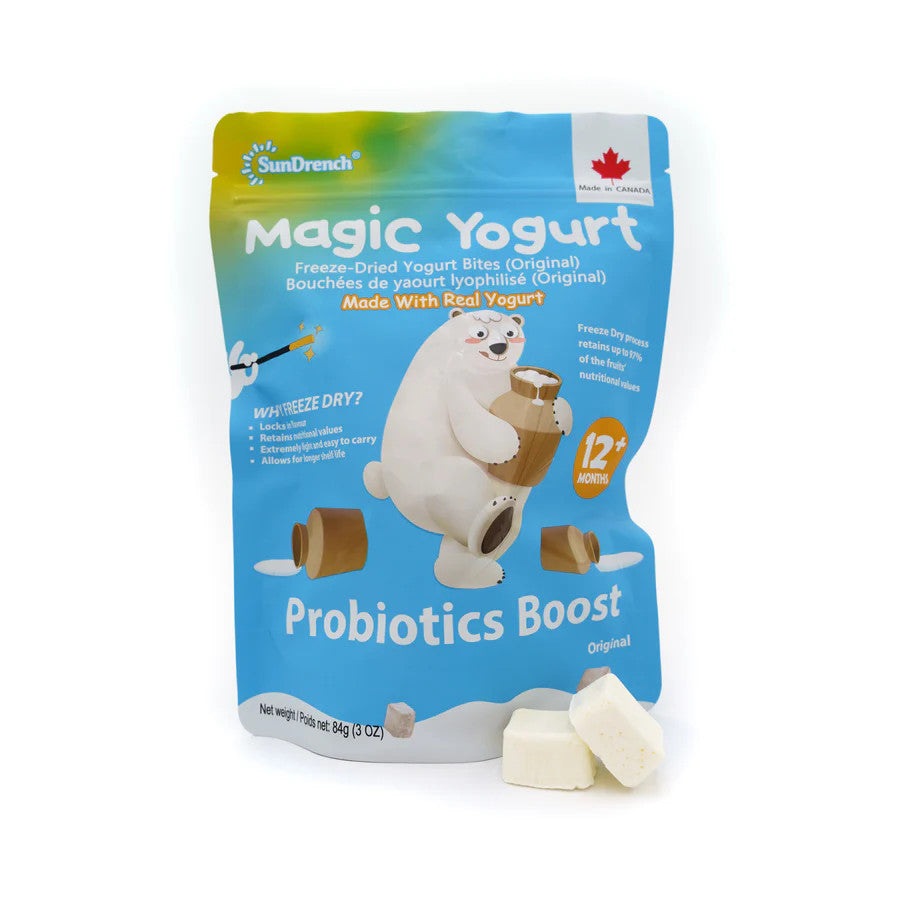 Sundrench Magic Yogurt Original 84g pouch featuring a polar bear and freeze-dried yogurt bites