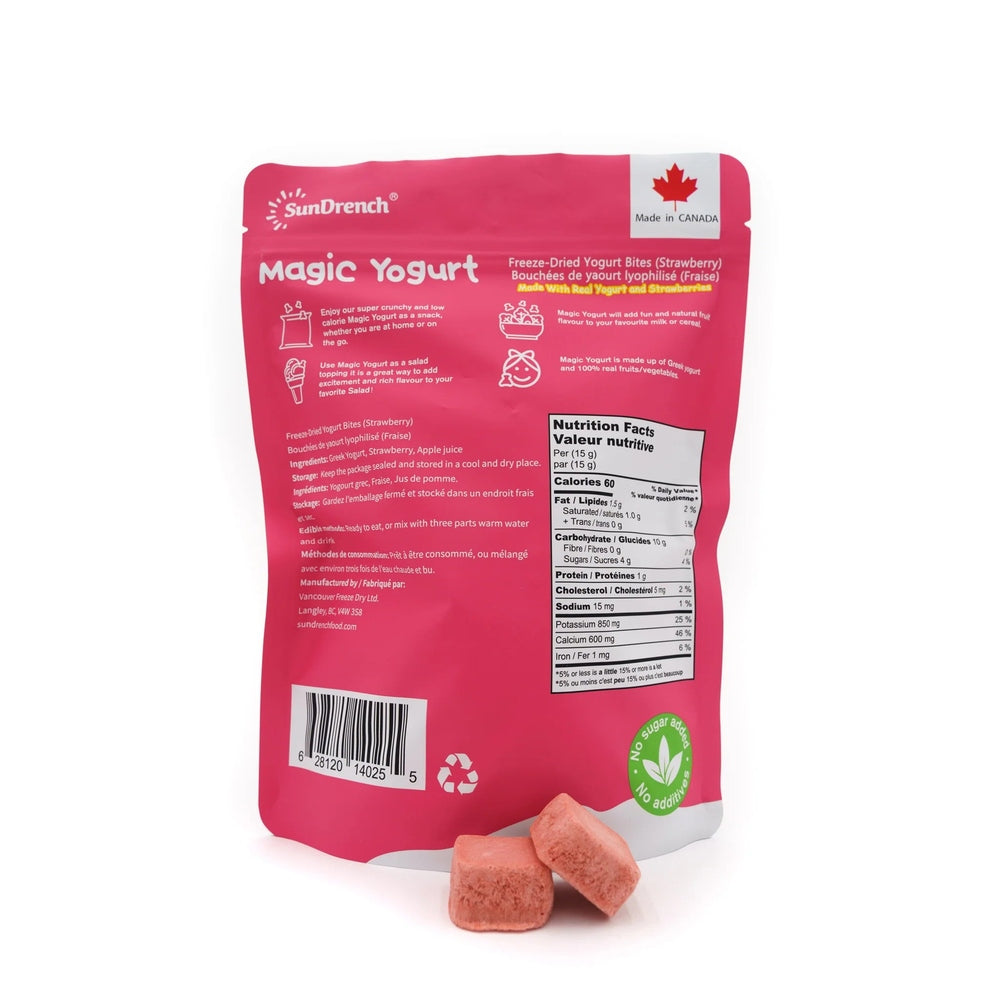 Sundrench Magic Yogurt Strawberry 84g pouch; pink packaging with freeze-dried yogurt bites, three pieces shown.