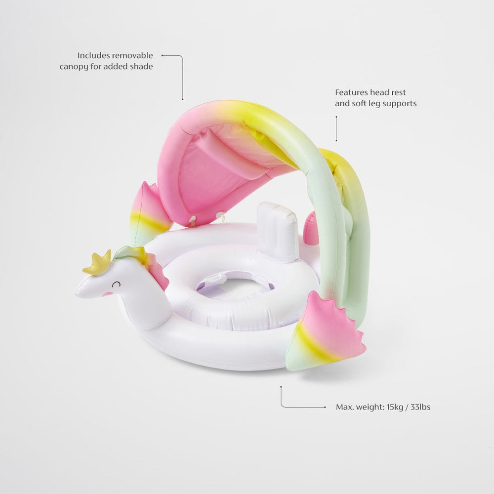 Sunny Life Bubba Float Friend Unicorn inflatable pool float with removable rainbow canopy and head rest; max weight 15 kg