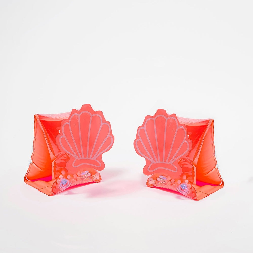 Sunnylife Buddy Float Bands Neon Coral pair of inflatable armbands with shell accents for kids