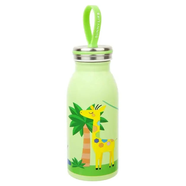 Sunnylife Kids Flask in light green with lime loop handle; yellow giraffe and palm trees for kids' adventures.