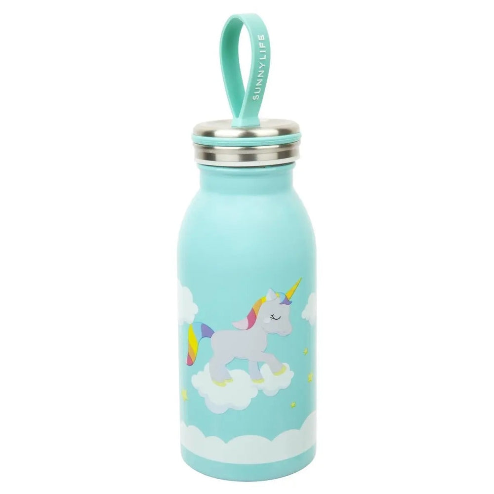 Sunnylife Kids Flask in turquoise with unicorn on clouds, teal strap looped through screw-top lid.
