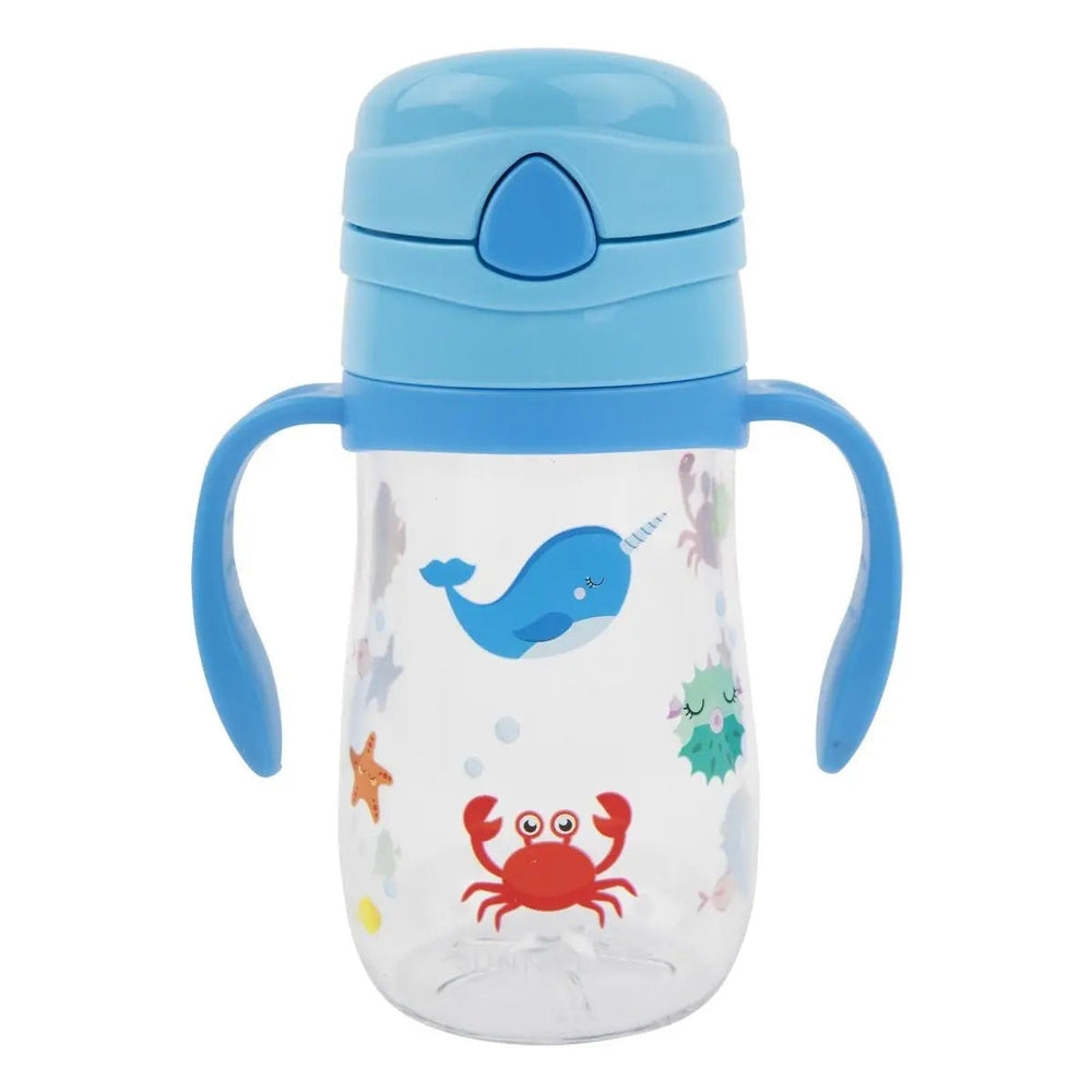 Sunnylife Kids Sippy Cup with blue lid and handles; clear bottle shows whale and crab undersea scene.