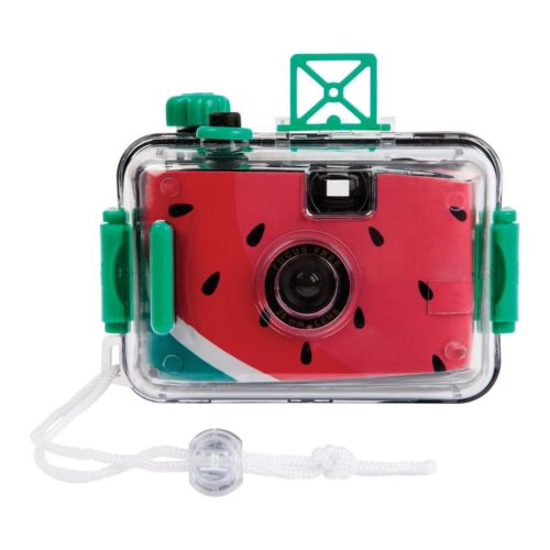 Sunnylife Underwater Camera Watermelon in clear waterproof housing with green side clasps and white lanyard