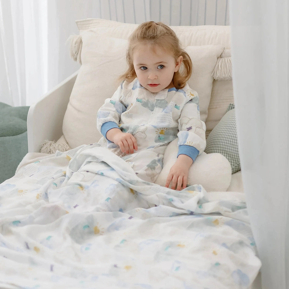NEST DESIGNS Nest Designs Swaddle Blankie Fluffy Puffs matching pajama set with peter pan collar and blue cuffs img 2/6