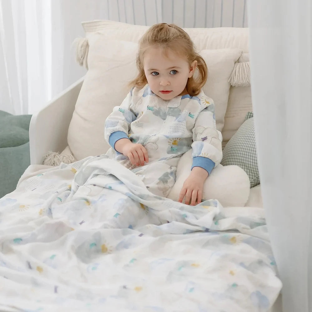 NEST DESIGNS Nest Designs Swaddle Blankie Fluffy Puffs matching pajama set with peter pan collar and blue cuffs img 2/6