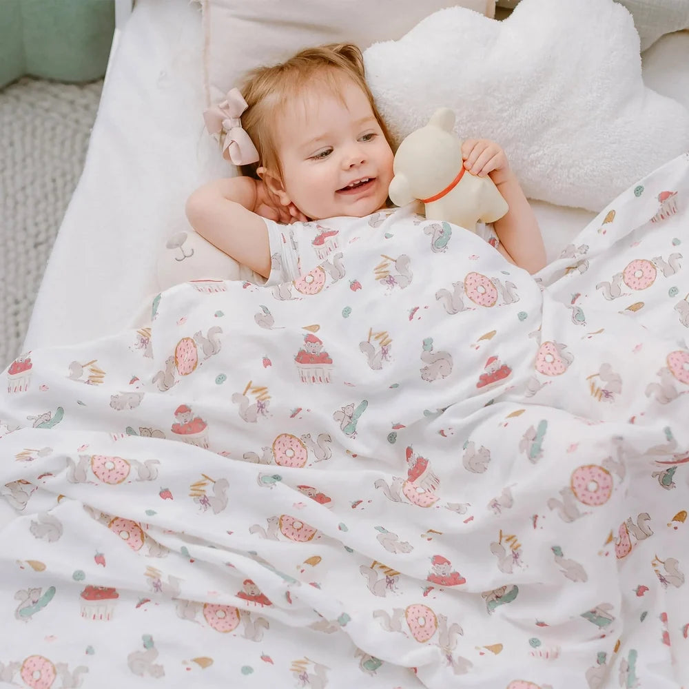NEST DESIGNS Nest Designs Swaddle Blankie Very Squirrelly squirrels with donuts and ice cream on soft muslin img 4/6