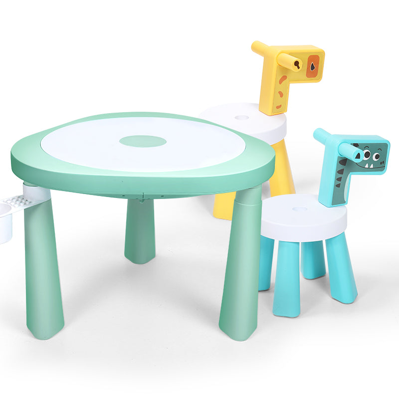 Table Plus 6In1 Play Table Set: round mint table with two teal dinosaur stools