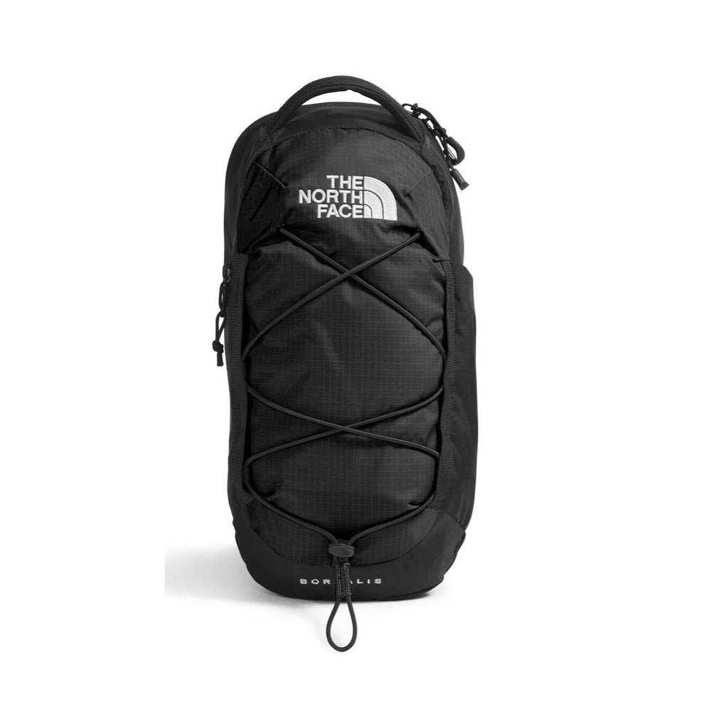 The North Face Borealis Sling in Black with front bungee cords.
