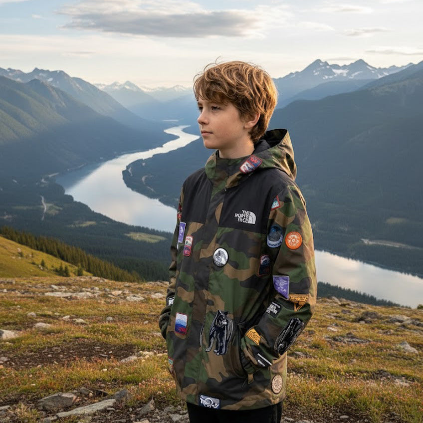 Person wearing a camouflage jacket with patches standing on a mountain with a scenic view of a river and mountains.