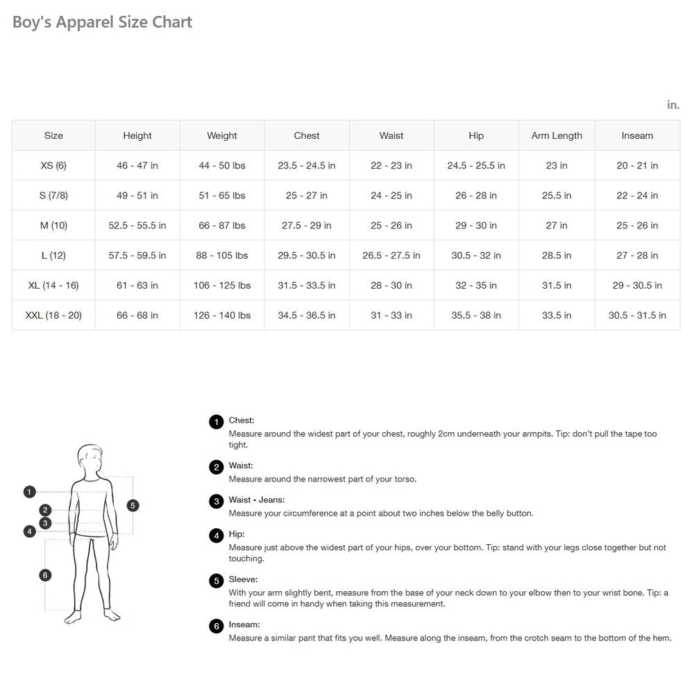Boy's Apparel Size Chart with measurements for height, weight, chest, waist, hip, arm length, and inseam.