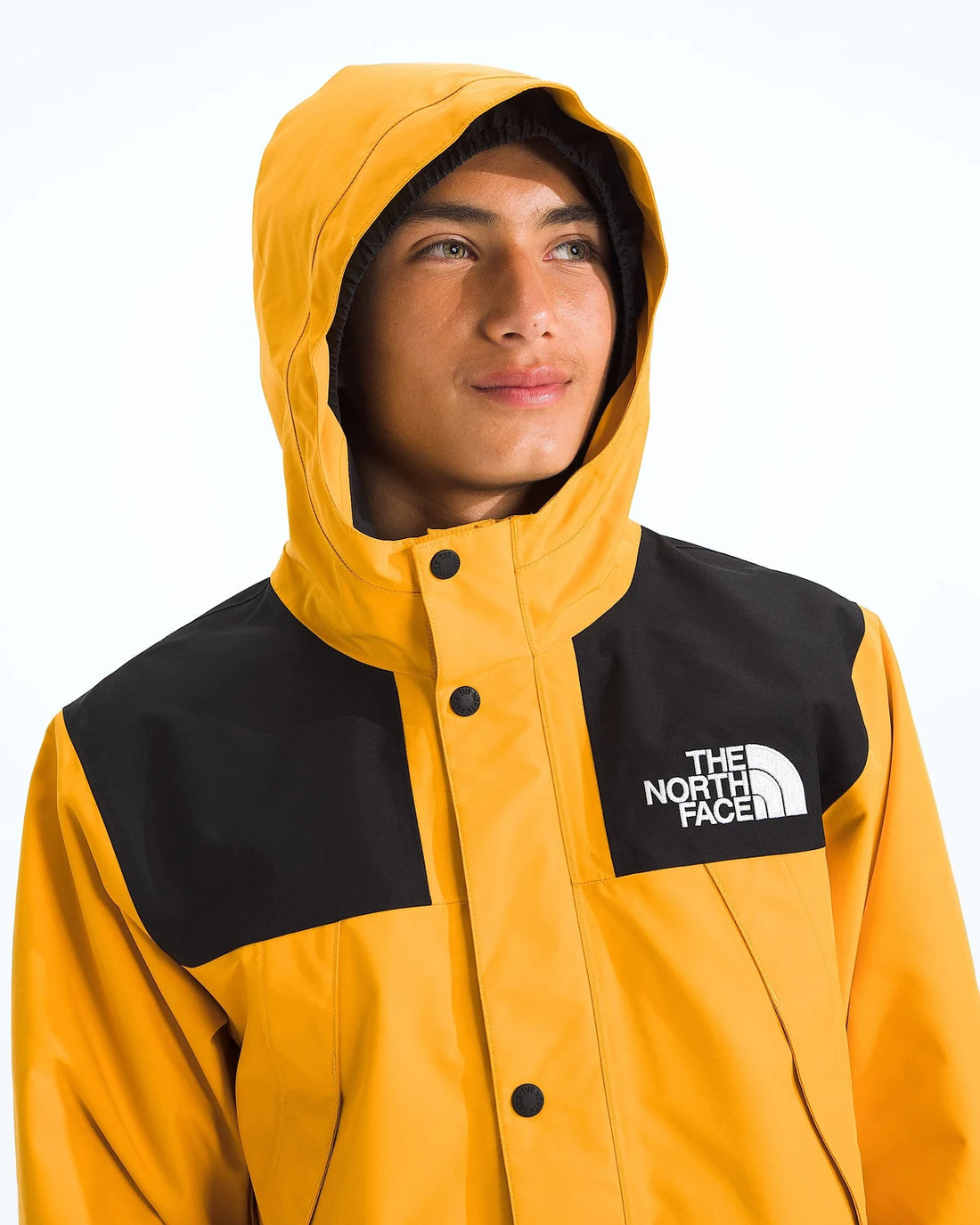 The North Face Boys’ & Girls’ GORE-TEX® Mountain Jacket - Summit Gold — hood detail on model 6