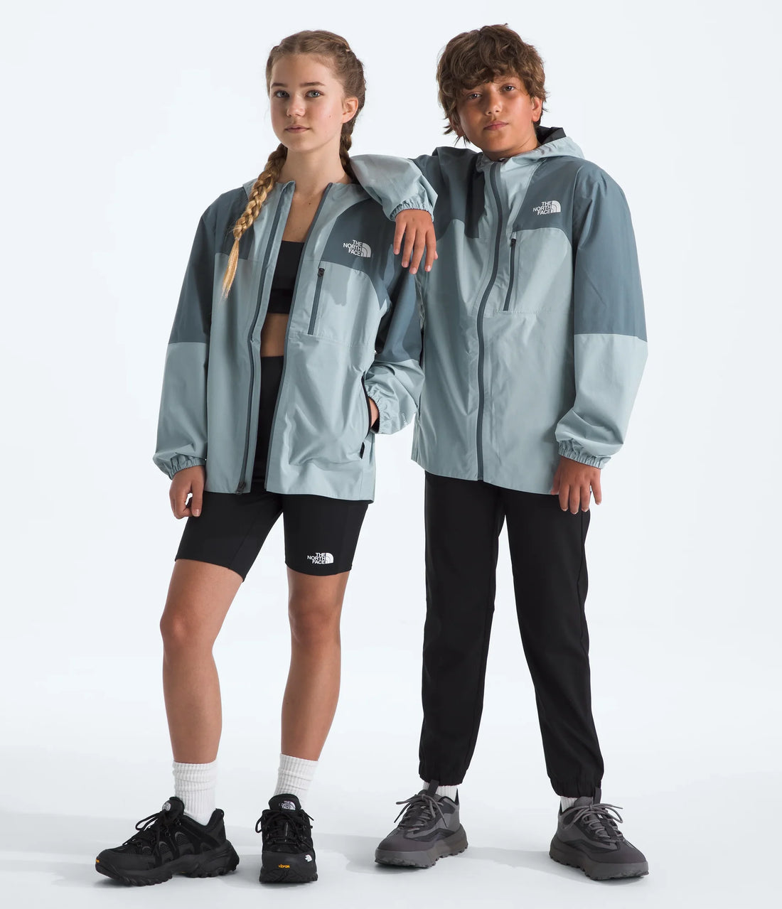 The North Face Boys' & Girls' Hike Packable Shell - Frost Grey/Granite Grey - two models wearing the shell