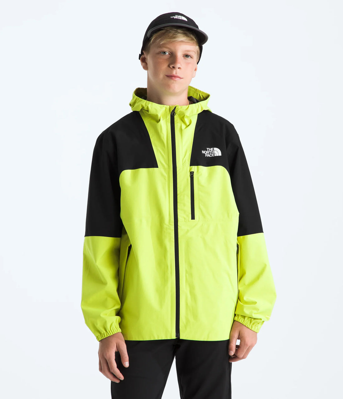 The North Face Boys' & Girls' Hike Packable Shell - TNF Black/Fizz Lime - front view on a model