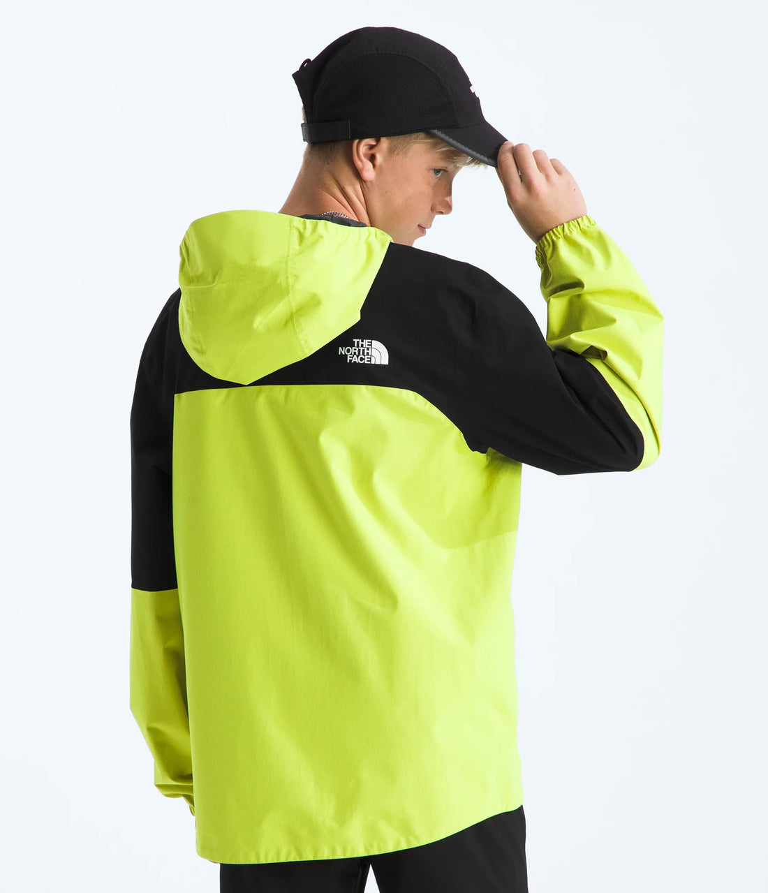 The North Face Boys' & Girls' Hike Packable Shell - TNF Black/Fizz Lime - rear view on a model