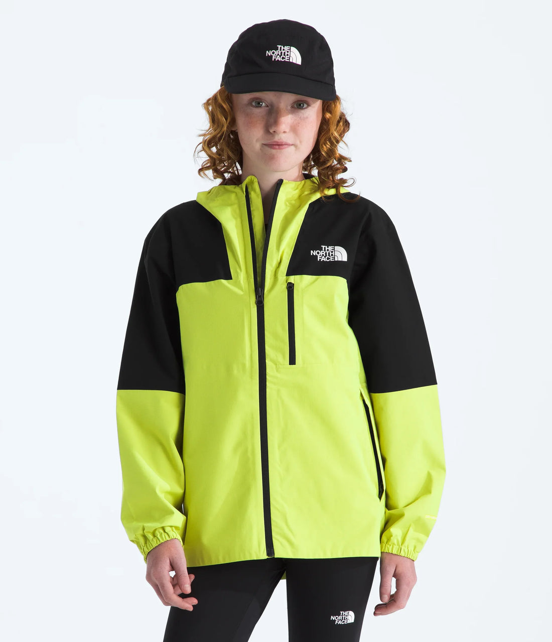 The North Face Boys' & Girls' Hike Packable Shell - TNF Black/Fizz Lime - second model wearing the shell