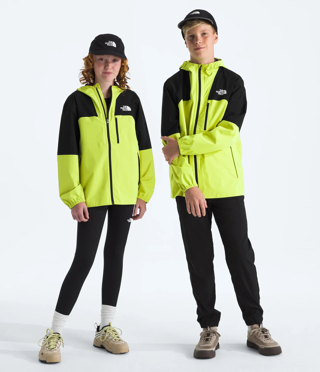The North Face Boys' & Girls' Hike Packable Shell - TNF Black/Fizz Lime - two models wearing the shell