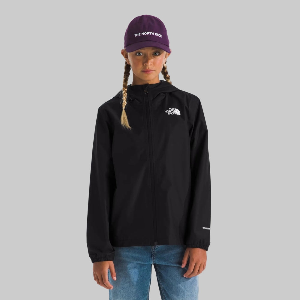 The North Face Zipline Rain Jacket in Black with hood and front zipper.