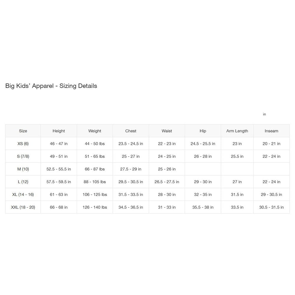 The North Face Zipline Rain Jacket in Big Kids' Sizing Details chart