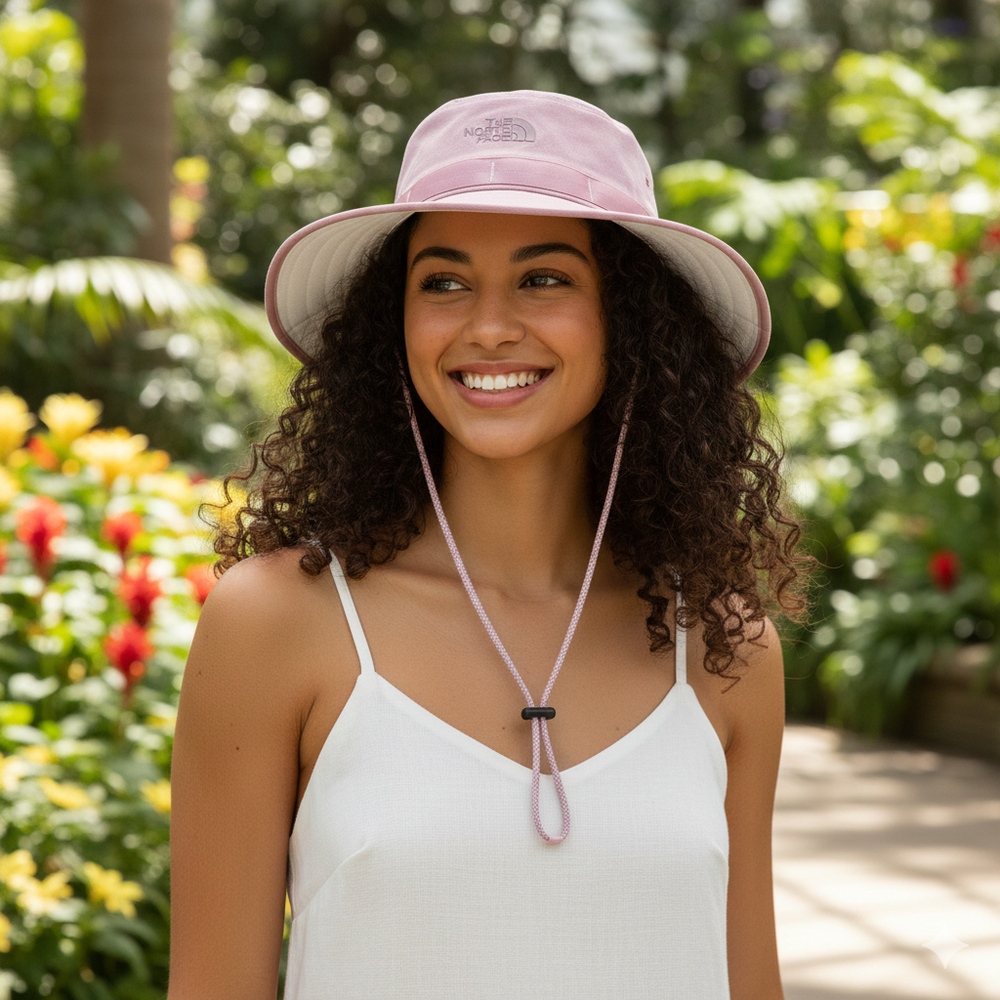 The North Face Class V Brimmer Hat in Light Pink with wide brim and adjustable chin strap