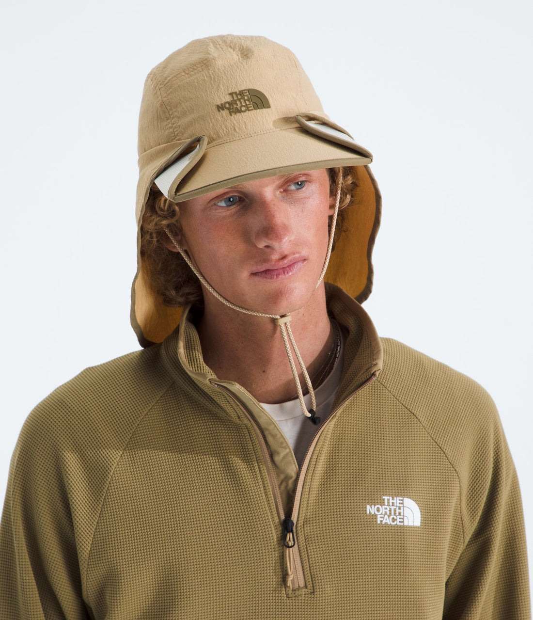 The North Face Class V Convertible Sunshield - Khaki Stone/Cedar — model wearing neck shield