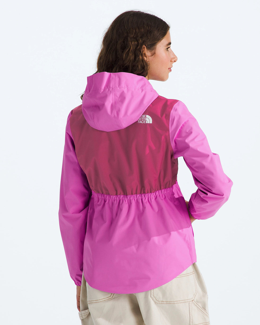 The North Face Girls' Antora Rain Jacket in Violet Crocus/Fuchsia Flash — model back view