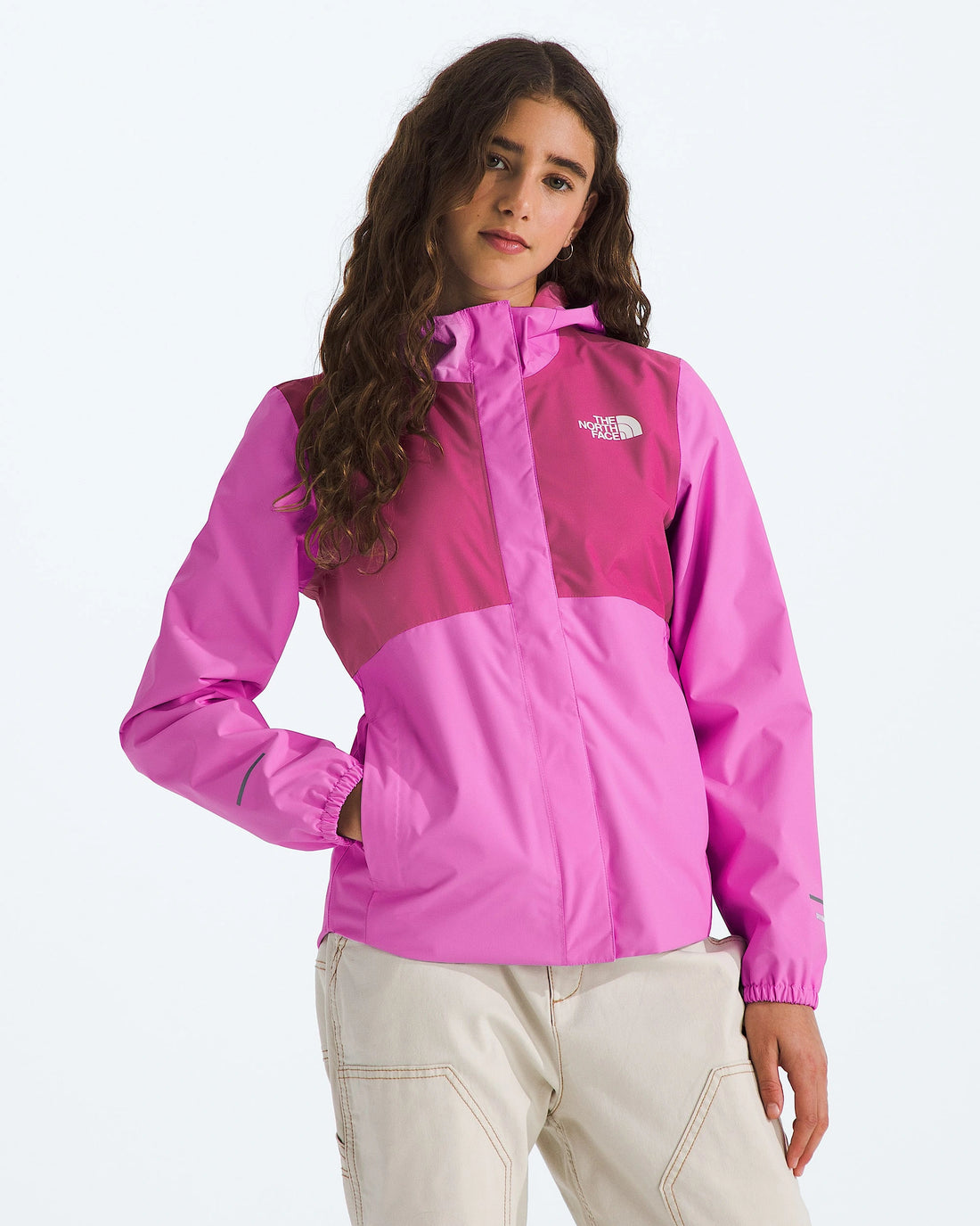 The North Face Girls' Antora Rain Jacket in Violet Crocus/Fuchsia Flash — model front view