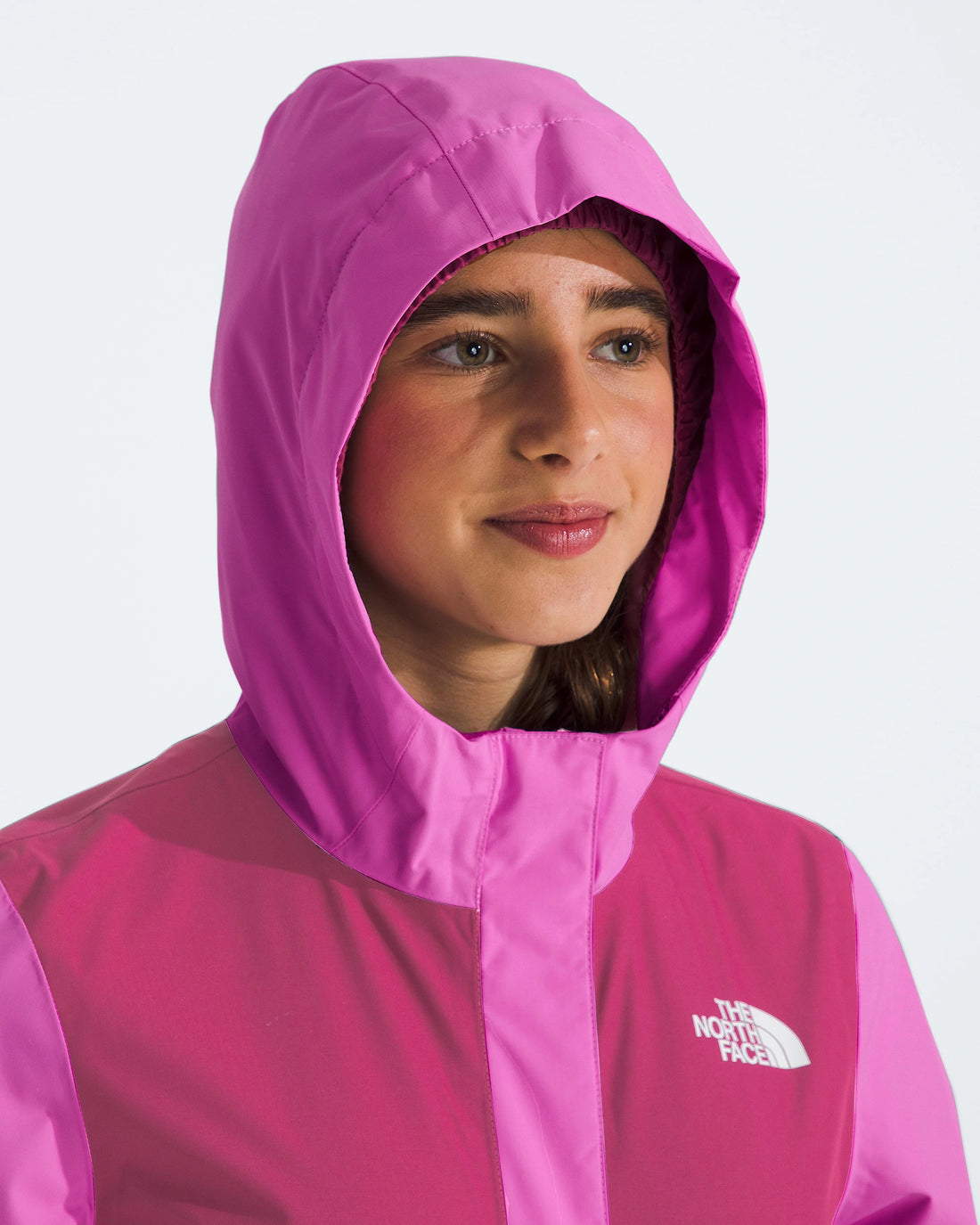 The North Face Girls' Antora Rain Jacket in Violet Crocus/Fuchsia Flash — hood and collar view