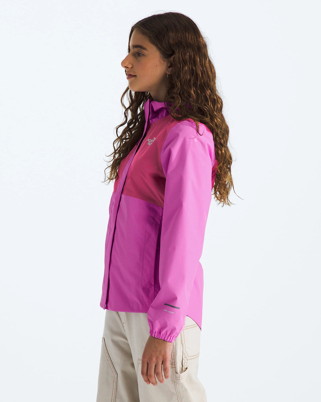 The North Face Girls' Antora Rain Jacket in Violet Crocus/Fuchsia Flash — model side view