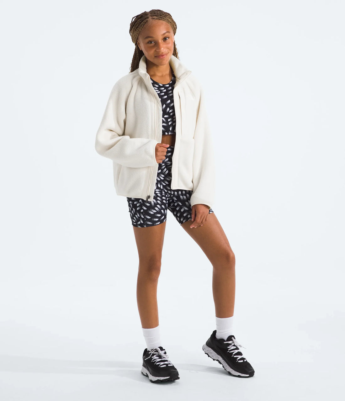 The North Face Girls' Yumiori Full-Zip Jacket - White Dune - full-length view on a model