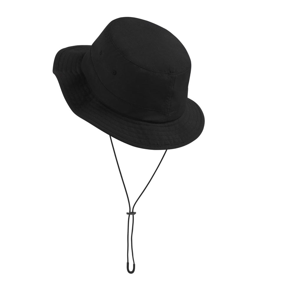 The North Face Horizon Bucket Hat in Black with adjustable chin strap, side view.