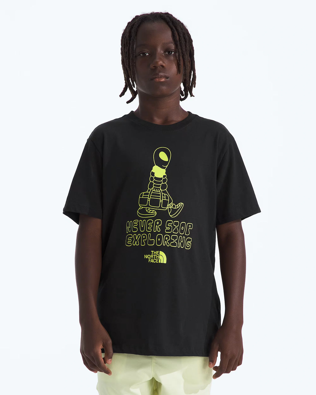 The North Face Kids' Celestial Drift Tee in TNF Black — model front graphic view