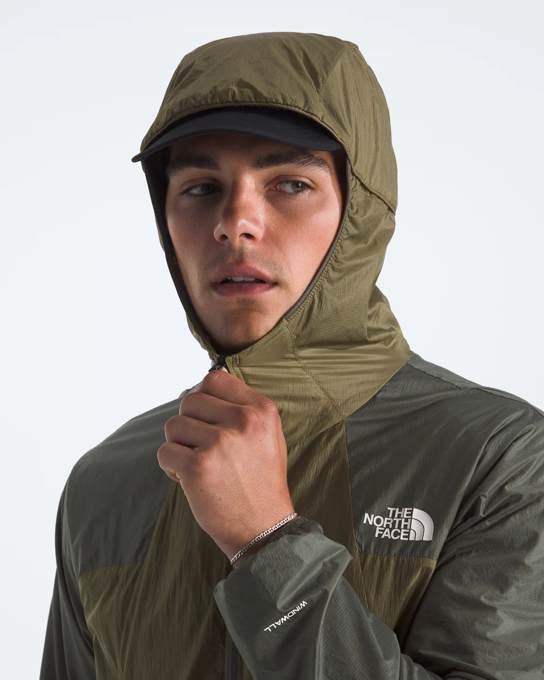 The North Face Men's Ridgelite FUTUREFLEECE Wind Jacket in Cedar/New Taupe Green, hood view